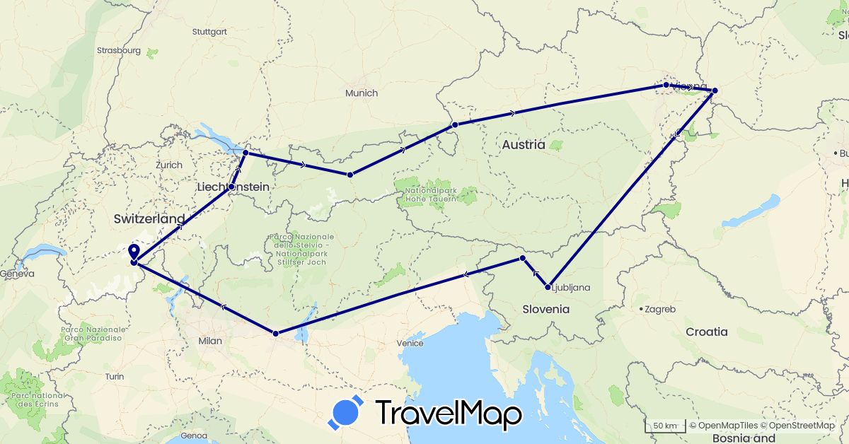 TravelMap itinerary: driving in Austria, Switzerland, Italy, Liechtenstein, Slovenia, Slovakia (Europe)